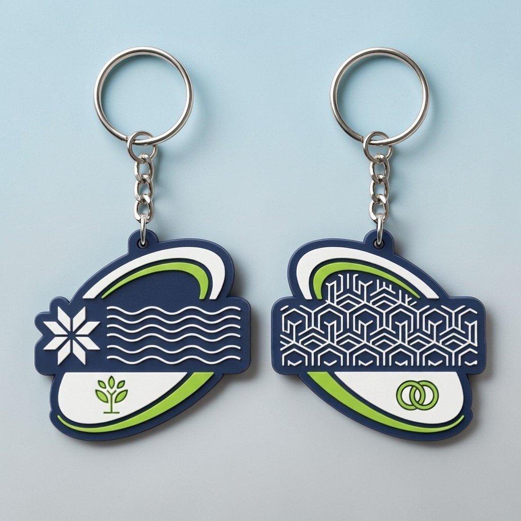 Prezentacja obu stron breloka gumowego z różnymi nadrukami dla jednej marki.