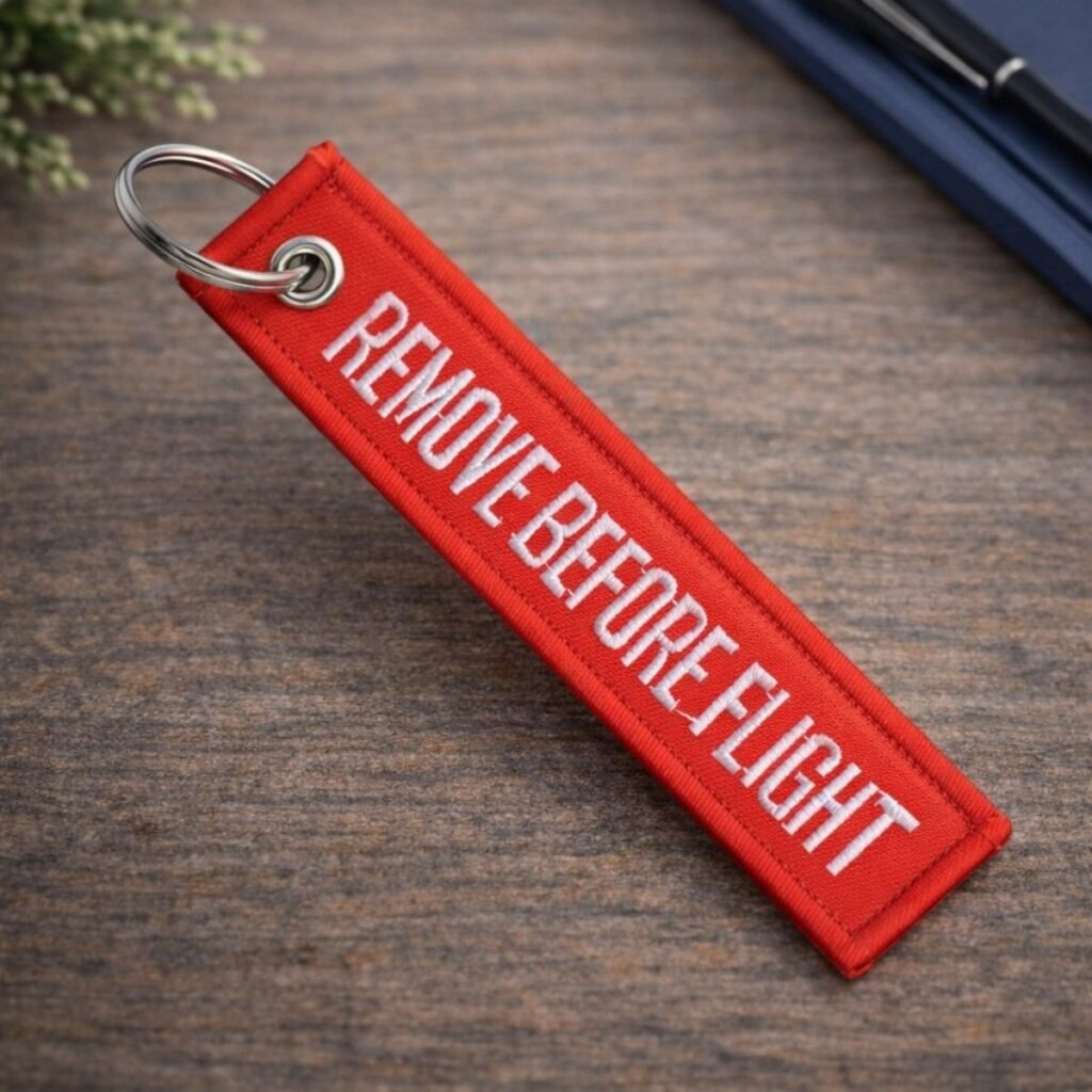 Zbliżenie na gęsty haft logo na czerwonym breloku materiałowym typu "tag".