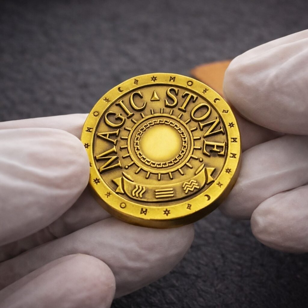 Zbliżenie na detal metalowego magnesu o precyzyjnych krawędziach i żywych kolorach.