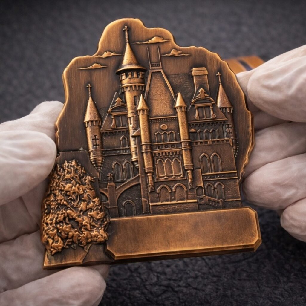 Kolorowe magnesy metalowe z logo firmy wycięte w dowolnym kształcie.