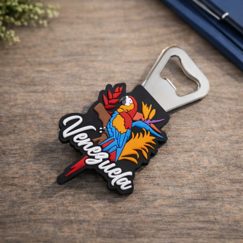 Kolorowy otwieracz do butelek z logo firmy w nieregularnym, indywidualnym kształcie.