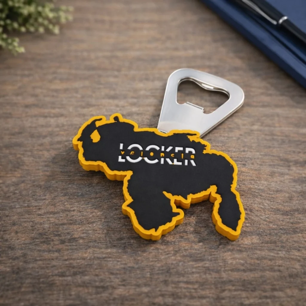 Otwieracz do butelek z gumową obudową PVC i logotypem marki Kolabo8.